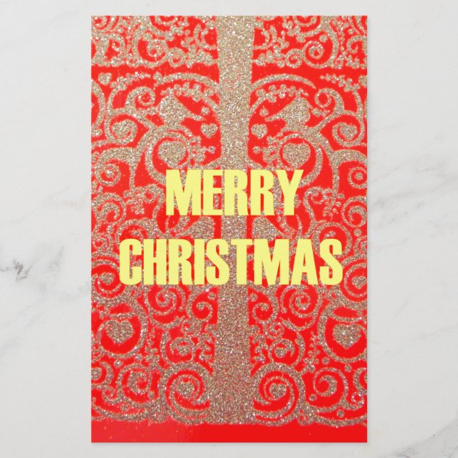 Merry Christmas Golden Red Snow Glitter Hearts Art Stationery (Front)