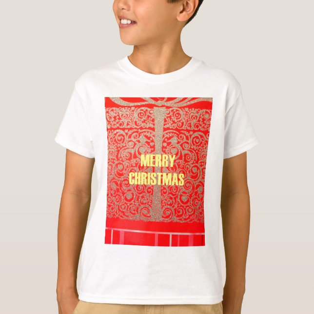 Merry Christmas Golden Red Snow Glitter Hearts Art T-Shirt (Front)
