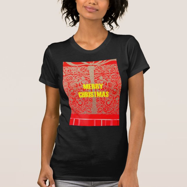 Merry Christmas Golden Red Snow Glitter Hearts Art T-Shirt (Front)