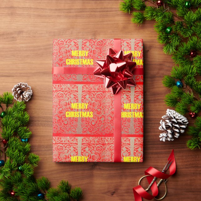 Merry Christmas Golden Red Snow Glitter Hearts Art Wrapping Paper (Holiday Gift)