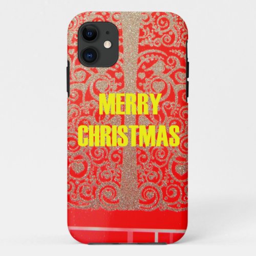 Merry Christmas Golden Red Snow Hearts iPhone 11 Case