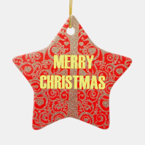 Merry Christmas Golden Red Snow Hearts Ceramic Ornament