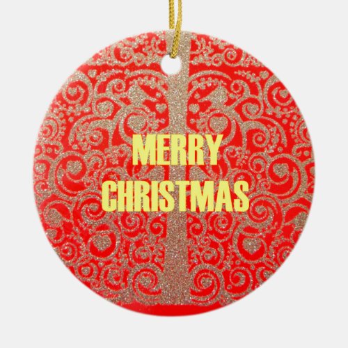 Merry Christmas Golden Red Snow Hearts Ceramic Ornament