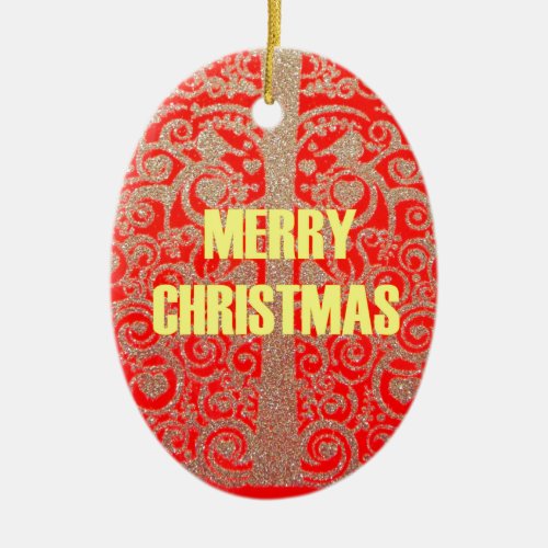 Merry Christmas Golden Red Snow Hearts Ceramic Ornament