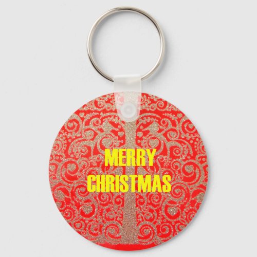 Merry Christmas Golden Red Snow Hearts Keychain