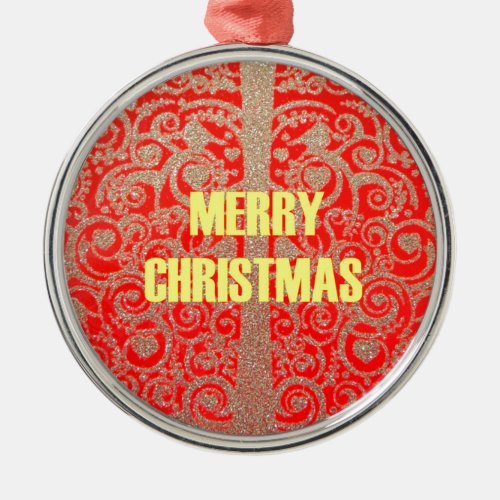 Merry Christmas Golden Red Snow Hearts Metal Ornament