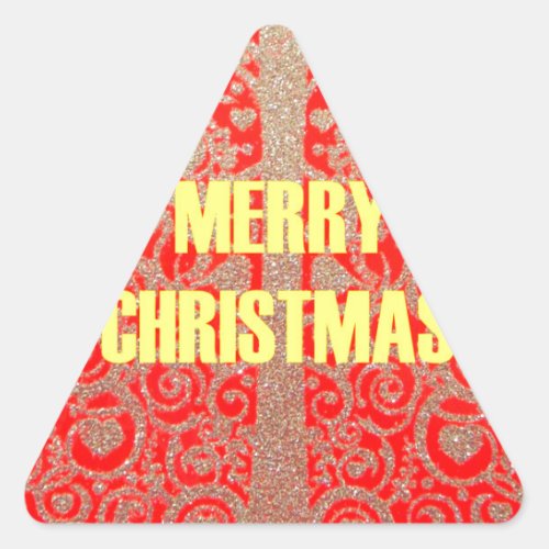 Merry Christmas Golden Red Snow Hearts Triangle Sticker