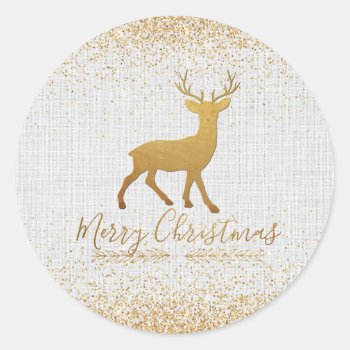 Merry Christmas Golden Reindeer With Glitter Classic Round Sticker by Meg_Stewart at Zazzle