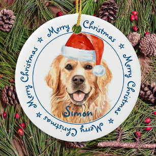 Merry Christmas Golden Retriever Cute Santa Dog Ce Ceramic Ornament