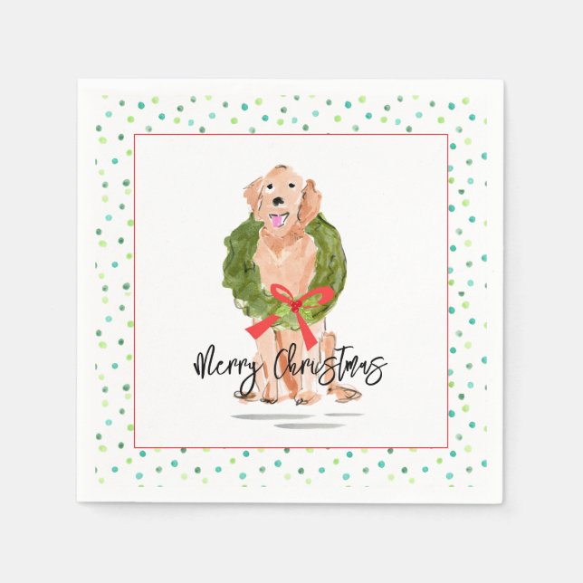 Merry Christmas Golden Retriever Dog Wreath Holly  Napkins (Front)