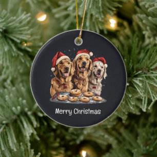 Merry Christmas Golden Retriever Dogs Baking Ceramic Ornament