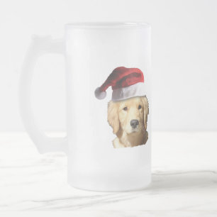 Merry Christmas Golden Retriever Frosted Glass Beer Mug