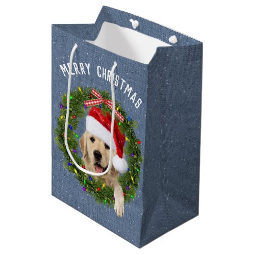 Merry Christmas Golden Retriever on denim Medium Gift Bag