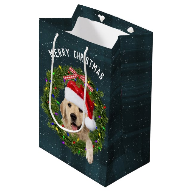 Merry Christmas Golden Retriever on plaid Medium Gift Bag (Front Angled)