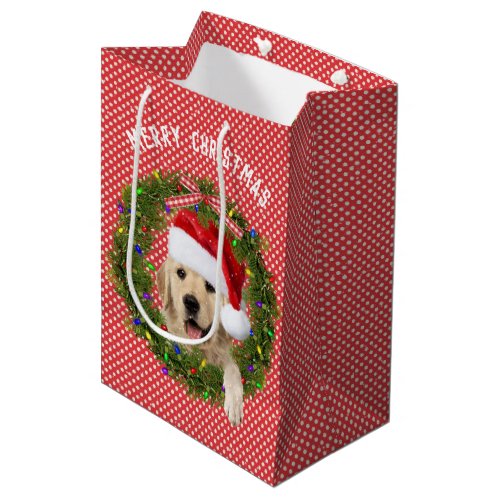 Merry Christmas Golden Retriever on polka dots Medium Gift Bag
