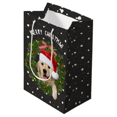 Merry Christmas Golden Retriever on polka dots Medium Gift Bag