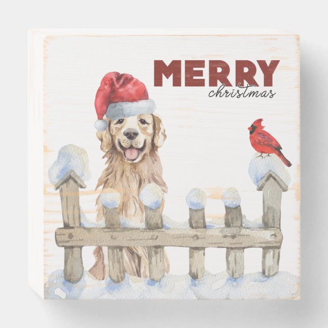 Merry Christmas Golden Retriever Wooden Box Sign (Front Horizontal)