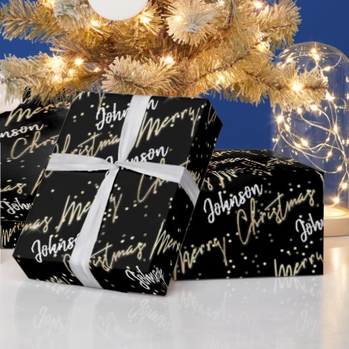 Merry Christmas Golden Script From Name BlackWhite Wrapping Paper