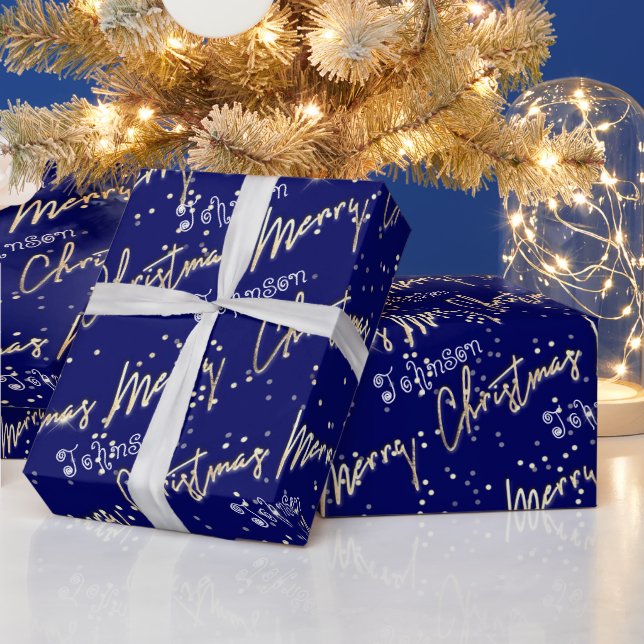Merry Christmas Golden Script From Name Blue Navy Wrapping Paper (Holidays)