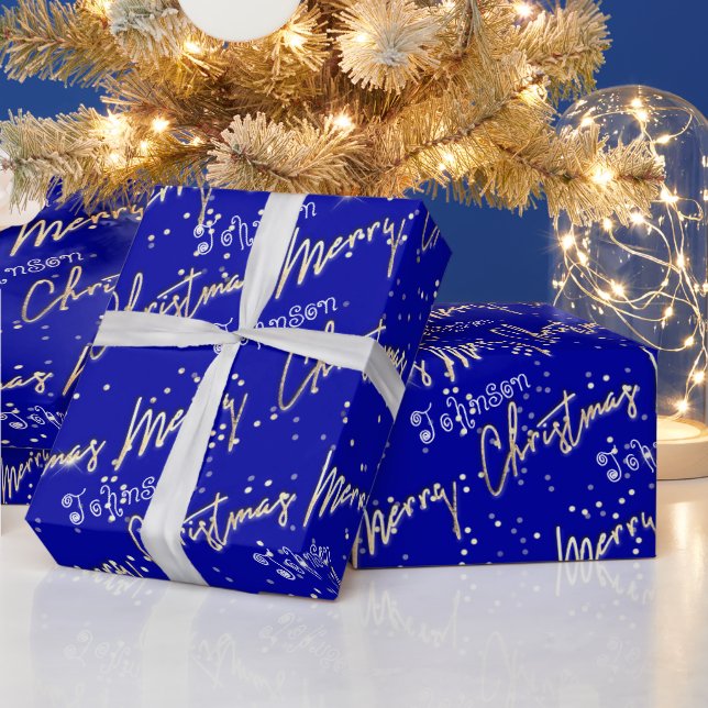 Merry Christmas Golden Script From Name Blue Royal Wrapping Paper (Holidays)