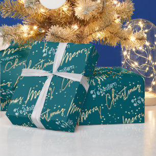 Merry Christmas Golden Script From Name Blue Teal Wrapping Paper
