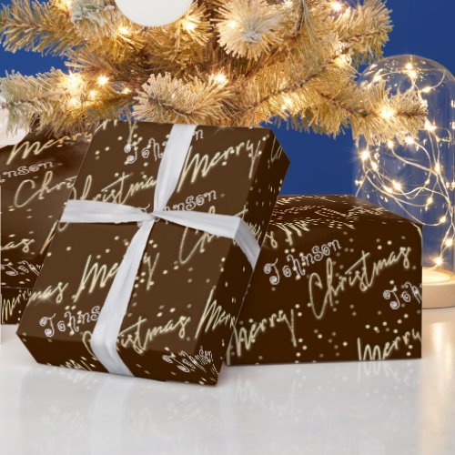 Merry Christmas Golden Script From Name Brown  Wrapping Paper