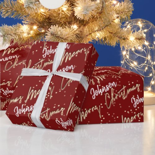 Merry Christmas Golden Script From Name Burgundy  Wrapping Paper