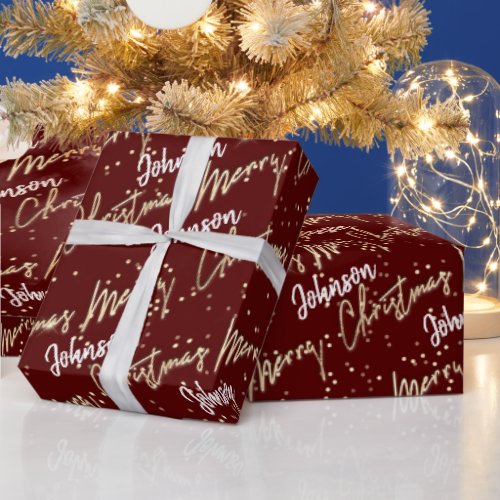 Merry Christmas Golden Script From Name Maroon Red Wrapping Paper