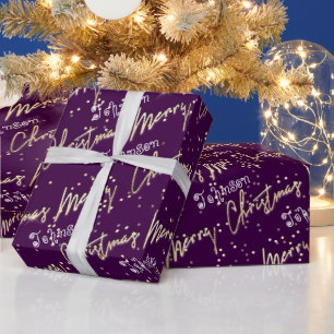 Merry Christmas Golden Script From Name Purple Wrapping Paper