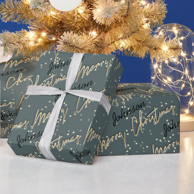 Merry Christmas Golden Script Name Black Gray  Wrapping Paper (Holidays)