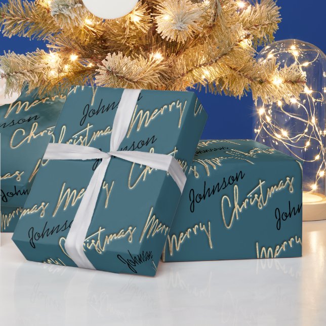 Merry Christmas Golden Script Name Black Teal Blue Wrapping Paper (Holidays)