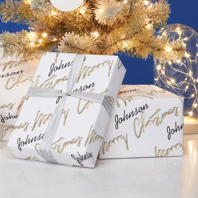 Merry Christmas Golden Script Name Black White Wrapping Paper (Holidays)
