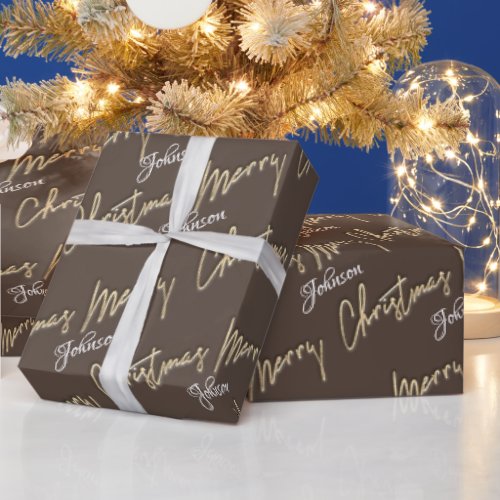 Merry Christmas Golden Script Name Brown Ivory Wrapping Paper