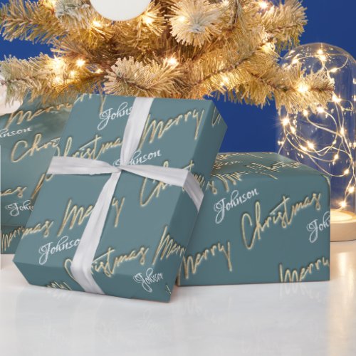 Merry Christmas Golden Script Name Smoky Aqua Blue Wrapping Paper