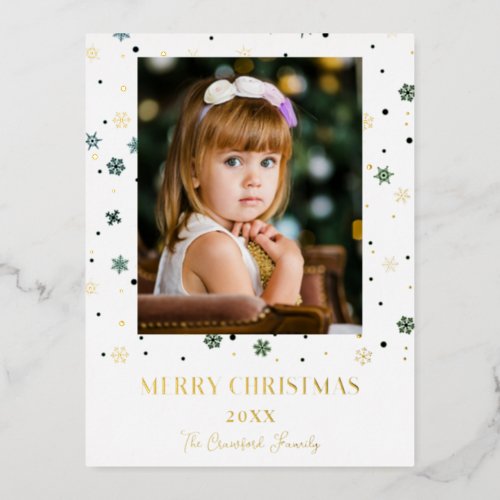 Merry Christmas Golden Snowflakes Family Photo Foil Holiday Postcard
