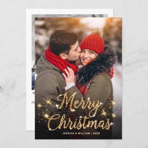 Merry Christmas Golden Sparkle 2 PHOTO Greeting Holiday Card