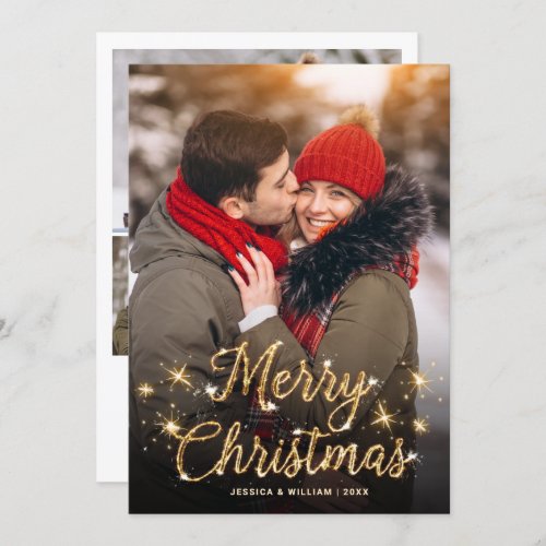 Merry Christmas Golden Sparkle 4 PHOTO Greeting Holiday Card