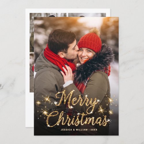 Merry Christmas Golden Sparkle 5 PHOTO Greeting Holiday Card