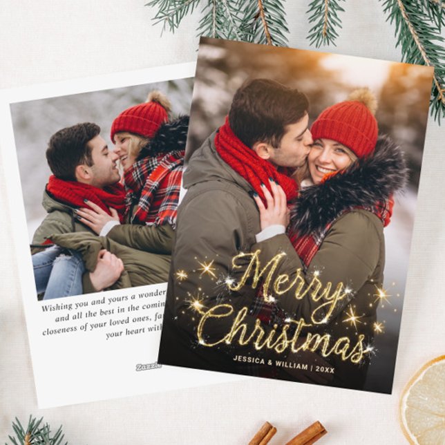 Merry Christmas Golden Sparkler 2 PHOTO Greeting Holiday Card (Creator Uploaded)