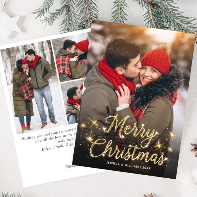Merry Christmas Golden Sparkler 4 PHOTO Greeting Holiday Card (Creator Uploaded)