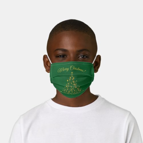 Merry Christmas Golden Tree Lights on Green Kids Cloth Face Mask