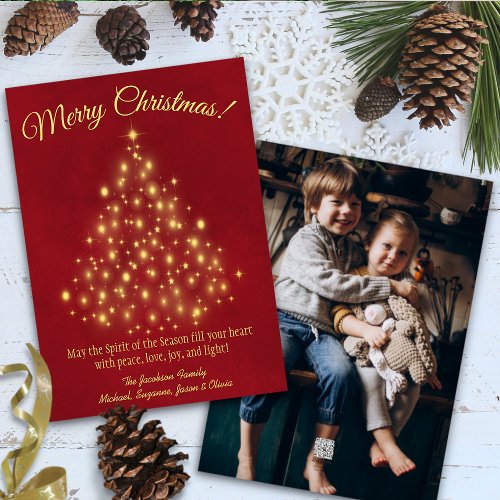 Merry Christmas Golden Tree Photo on Back Red Holiday Card