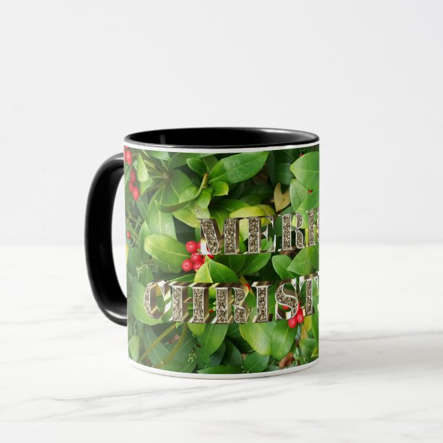 Merry Christmas Golden Typography Skimmia Floral Mug (Front Left)