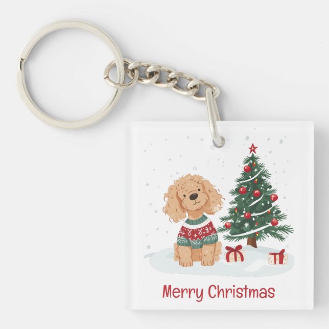 Merry Christmas Goldendoodle Dog Keychain (Front)