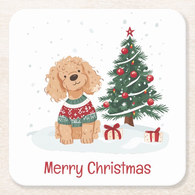 Merry Christmas Goldendoodle Dog Square Paper Coaster (Front)