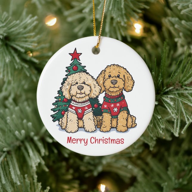 Merry Christmas Goldendoodle Dogs Ceramic Ornament (Tree)