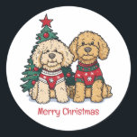 Merry Christmas Goldendoodle Dogs Classic Round Sticker<br><div class="desc">Cute illustration of Goldendoodle dogs dressed in holiday attire. Perfect for pet lovers and owners during the holiday season.</div>
