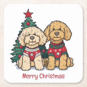 Merry Christmas Goldendoodle Dogs Square Paper Coaster