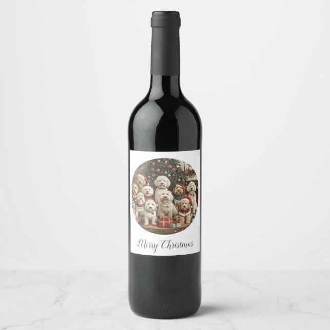 Merry Christmas Goldendoodle Puppy Dogs Wine Label (Front)