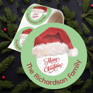 Merry Christmas Golf Ball Santa Cap Name Classic Round Sticker